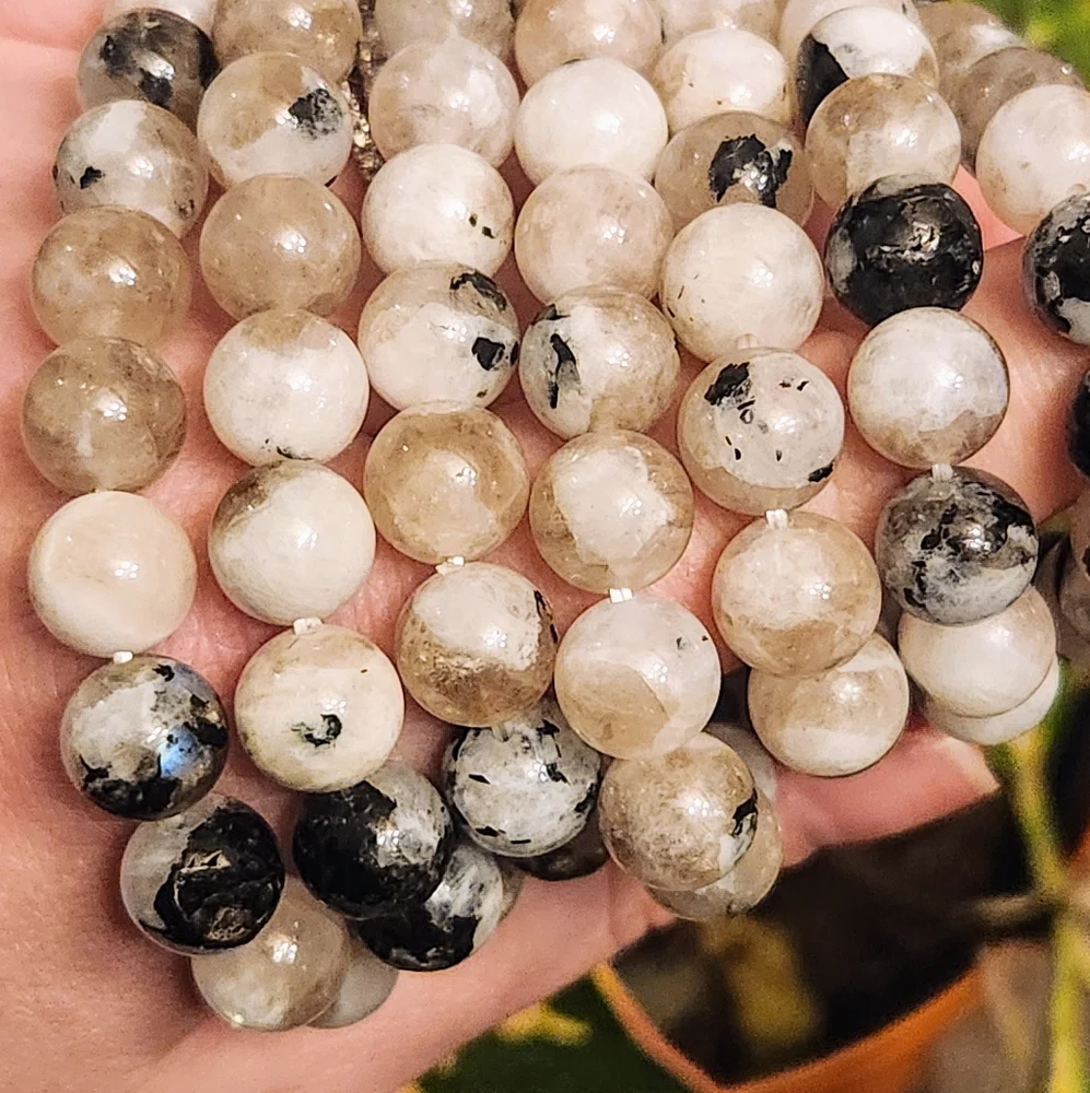 Rainbow Moonstone and Smokey Quartz 10mm Beaded Crystal Stretch Bracelet - Picture 3 of 4